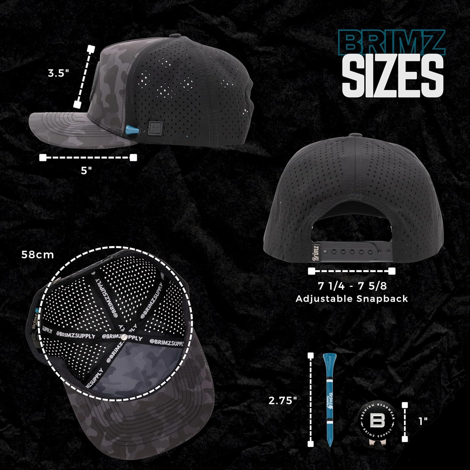 BRIMZ Golf Performance Hat - Tee Holder & Magnetic Ball Marker - Breathable, Sweat & Water Resistant Golfing Snapback Hat