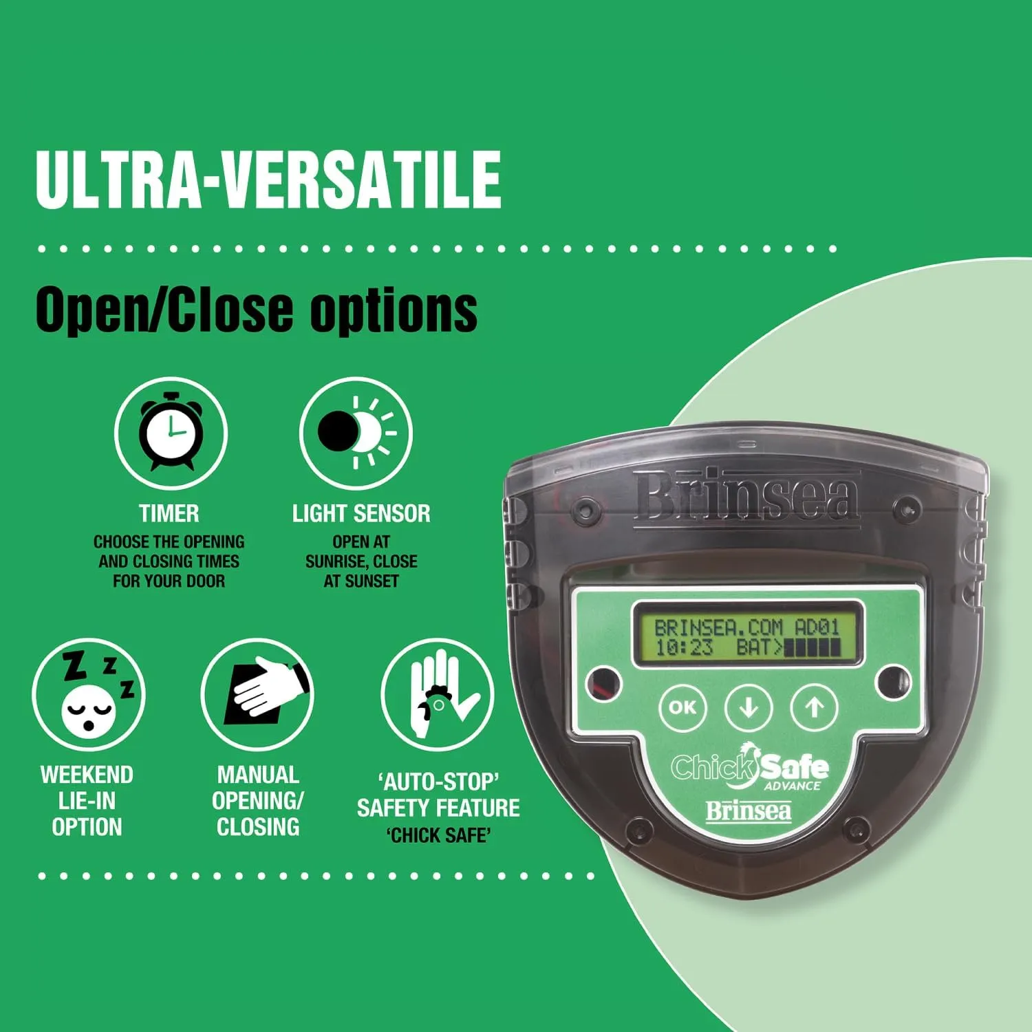 Brinsea ChickSafe Advance Automatic Chicken Coop Door Opener for Vertical Sliding or Hinged Hen House Doors with Programmable Timer, Digital Display, 8 lb. Lift Capacity