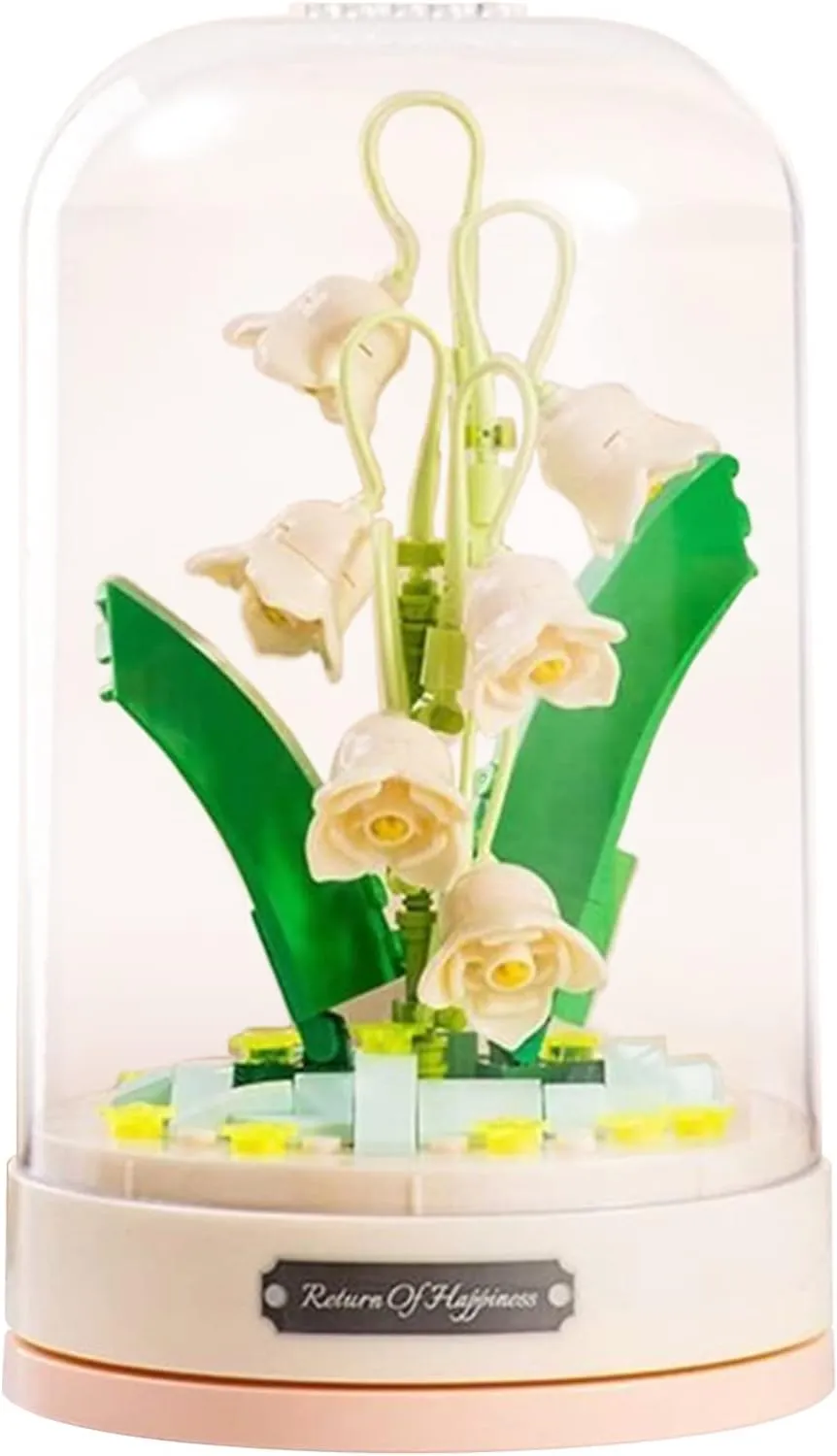 Building Blocks Flowers Bouquet Set with Music Box and Dust-Proof Dome,Artificial Particle Flower Collection Construction Building Bricks Toy,Home Decor (Lily of The Valley)