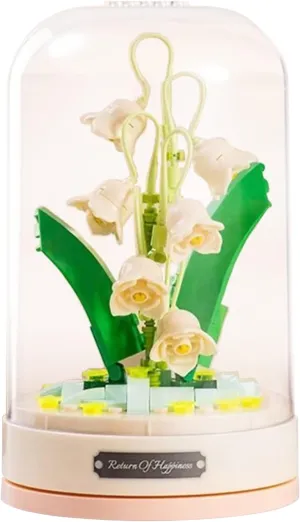 Building Blocks Flowers Bouquet Set with Music Box and Dust-Proof Dome,Artificial Particle Flower Collection Construction Building Bricks Toy,Home Decor (Lily of The Valley)