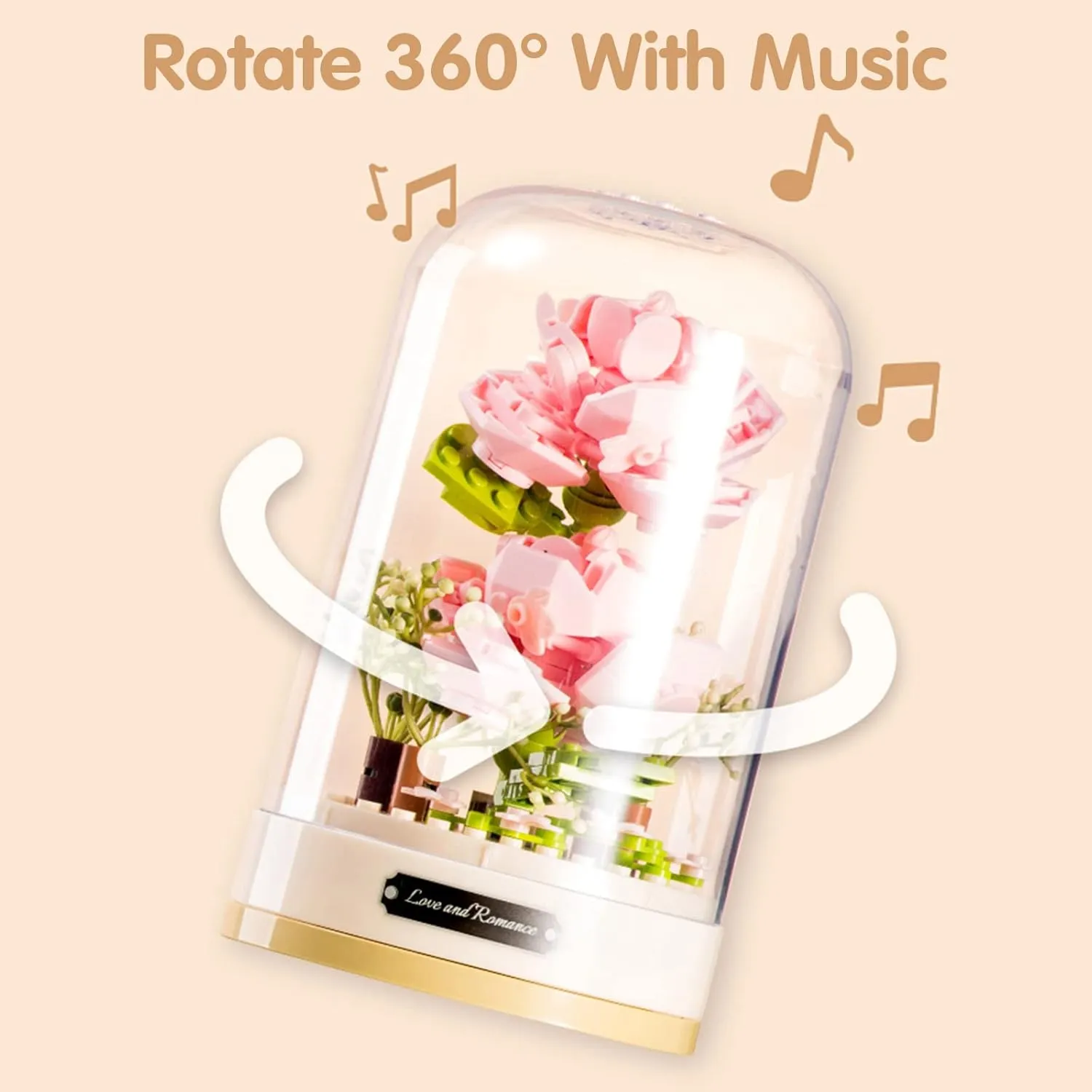 Building Blocks Flowers Bouquet Set with Music Box and Dust-Proof Dome,Artificial Particle Flower Collection Construction Building Bricks Toy,Home Decor (Lily of The Valley)