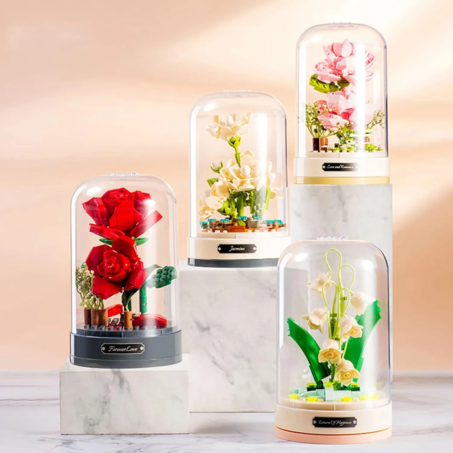 Building Blocks Flowers Bouquet Set with Music Box and Dust-Proof Dome,Artificial Particle Flower Collection Construction Building Bricks Toy,Home Decor (Lily of The Valley)