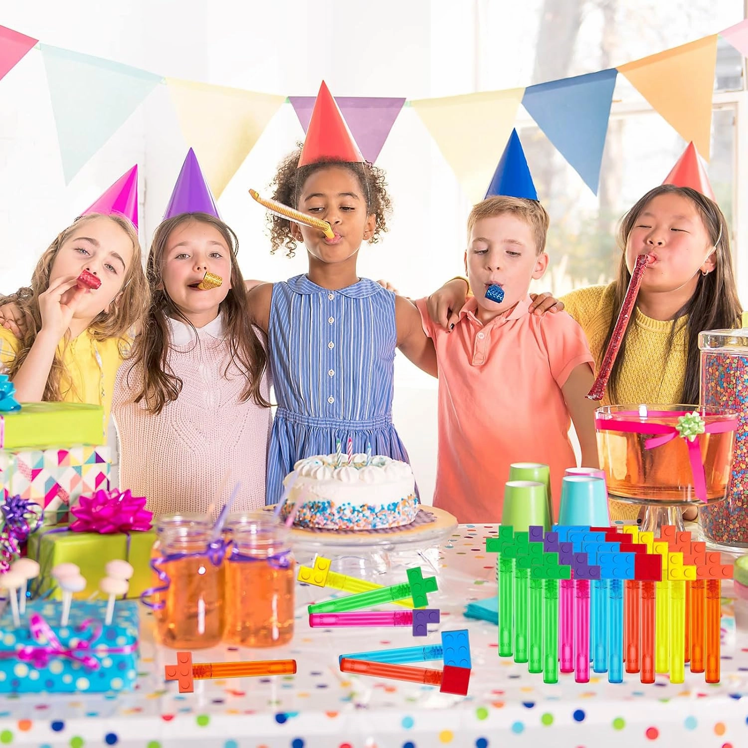 Building Blocks Party Favors,24Pcs Building Blocks Bubble Wands for Kids,Cute Bubble Wand for Birthday Party Supplies,Classroom Prizes Pinata Goodie Bag Stuffers Gifts