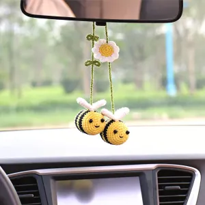 Bunny Crochet Bee Car Rear View Mirror Holder, Cute Bumblebee Hanging Ornament, Gift for Bee Lovers, Crochet Lovely Bag Ornament, Automotive Interior Decorations