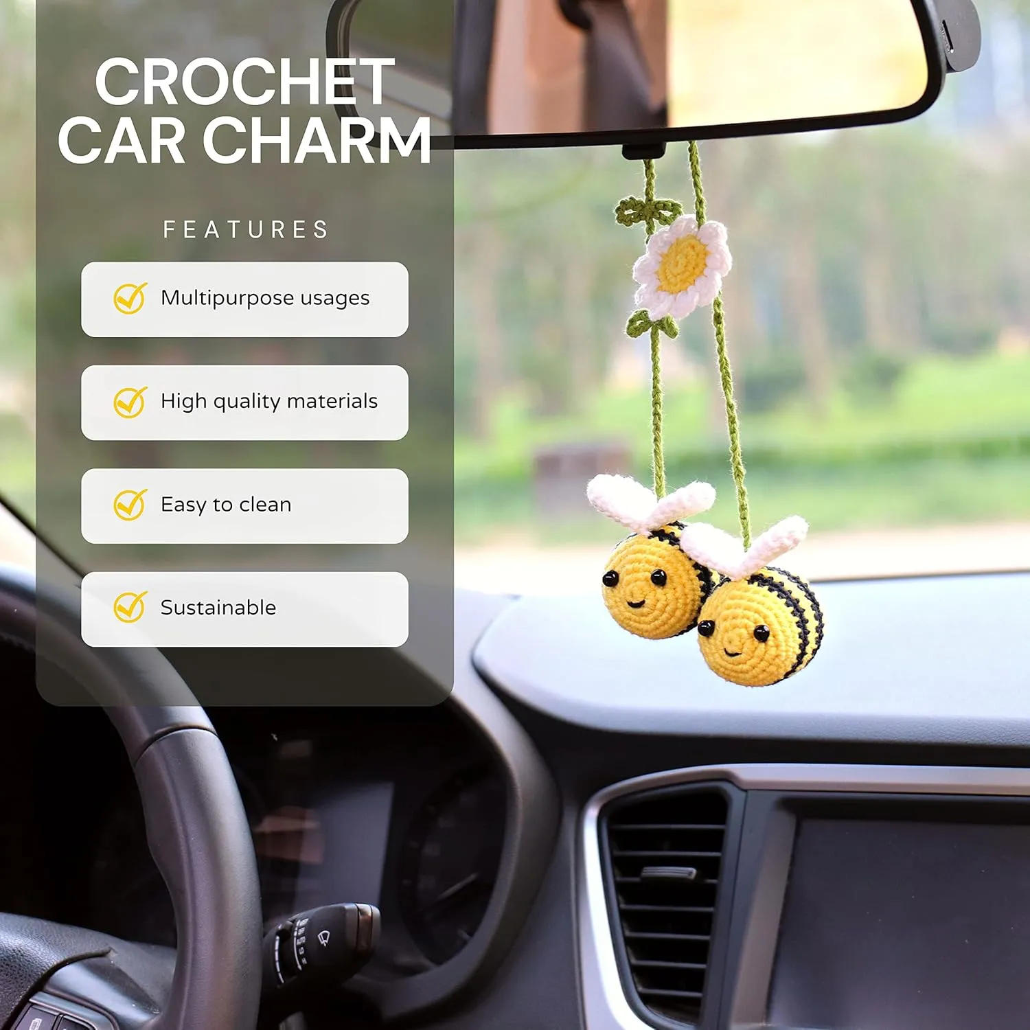 Bunny Crochet Bee Car Rear View Mirror Holder, Cute Bumblebee Hanging Ornament, Gift for Bee Lovers, Crochet Lovely Bag Ornament, Automotive Interior Decorations