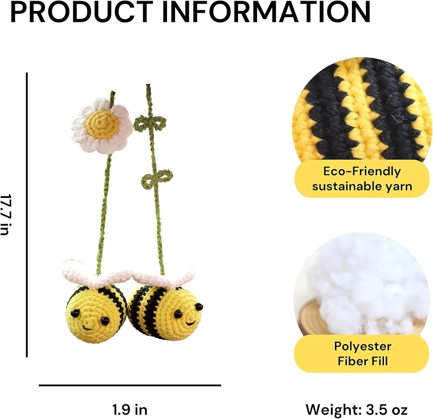 Bunny Crochet Bee Car Rear View Mirror Holder, Cute Bumblebee Hanging Ornament, Gift for Bee Lovers, Crochet Lovely Bag Ornament, Automotive Interior Decorations