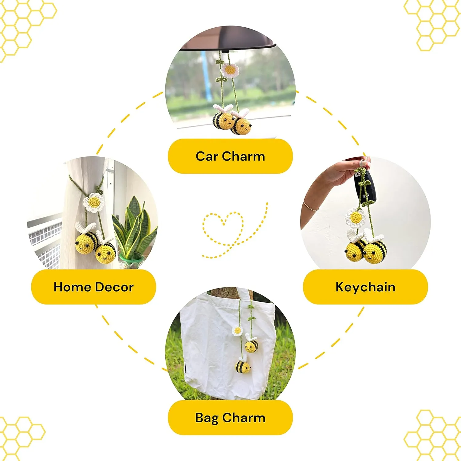 Bunny Crochet Bee Car Rear View Mirror Holder, Cute Bumblebee Hanging Ornament, Gift for Bee Lovers, Crochet Lovely Bag Ornament, Automotive Interior Decorations