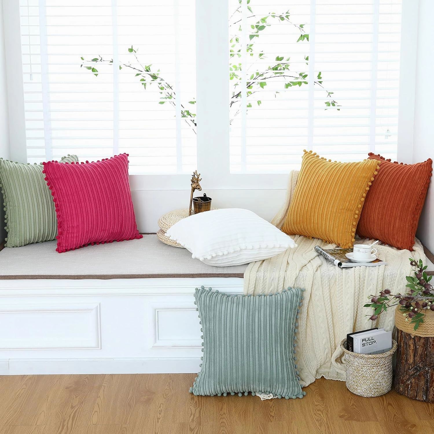 Burnt Orange Pillow Covers 20x20 inch with Pom-poms Set of 2 Corduroy Farmhouse Boho Accent Decorative Throw Pillow Covers for Couch Bed Sofa