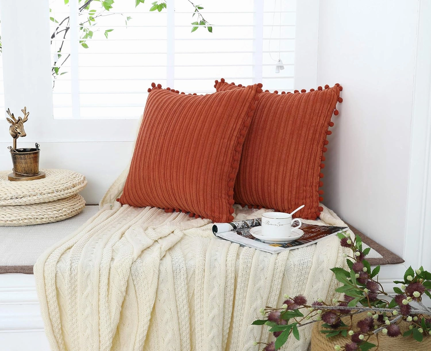 Burnt Orange Pillow Covers 20x20 inch with Pom-poms Set of 2 Corduroy Farmhouse Boho Accent Decorative Throw Pillow Covers for Couch Bed Sofa