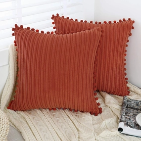 Burnt Orange Pillow Covers 20x20 inch with Pom-poms Set of 2 Corduroy Farmhouse Boho Accent Decorative Throw Pillow Covers for Couch Bed Sofa