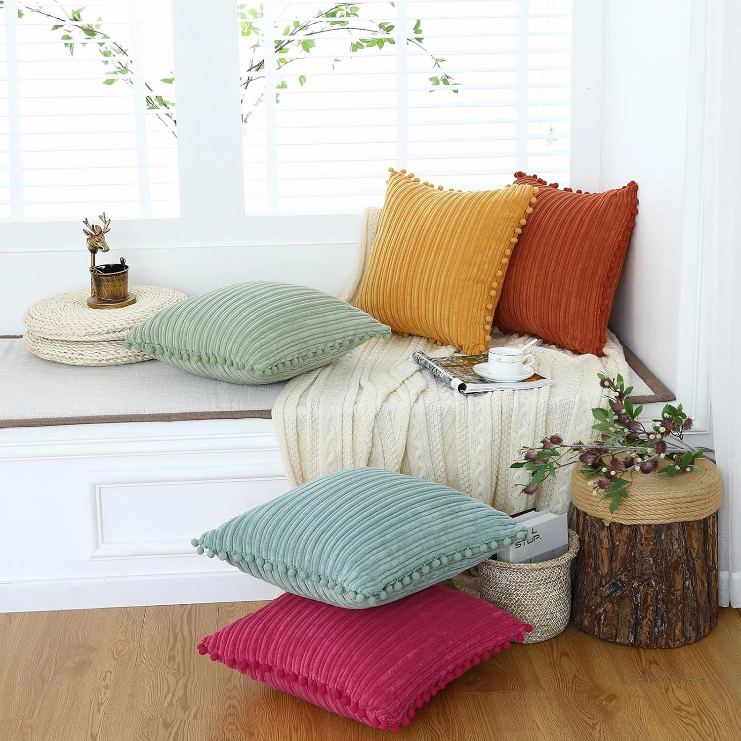 Burnt Orange Pillow Covers 20x20 inch with Pom-poms Set of 2 Corduroy Farmhouse Boho Accent Decorative Throw Pillow Covers for Couch Bed Sofa