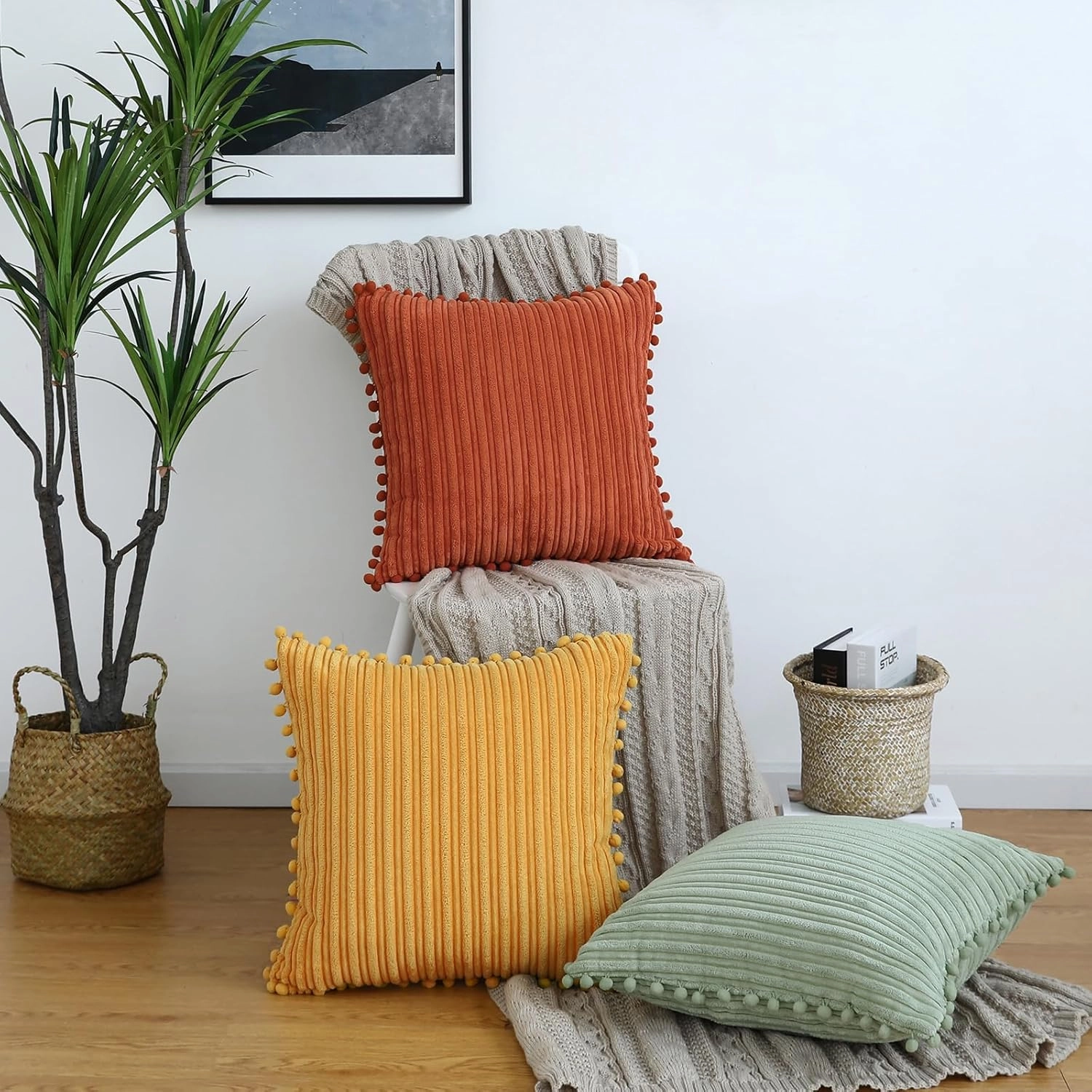 Burnt Orange Pillow Covers 20x20 inch with Pom-poms Set of 2 Corduroy Farmhouse Boho Accent Decorative Throw Pillow Covers for Couch Bed Sofa