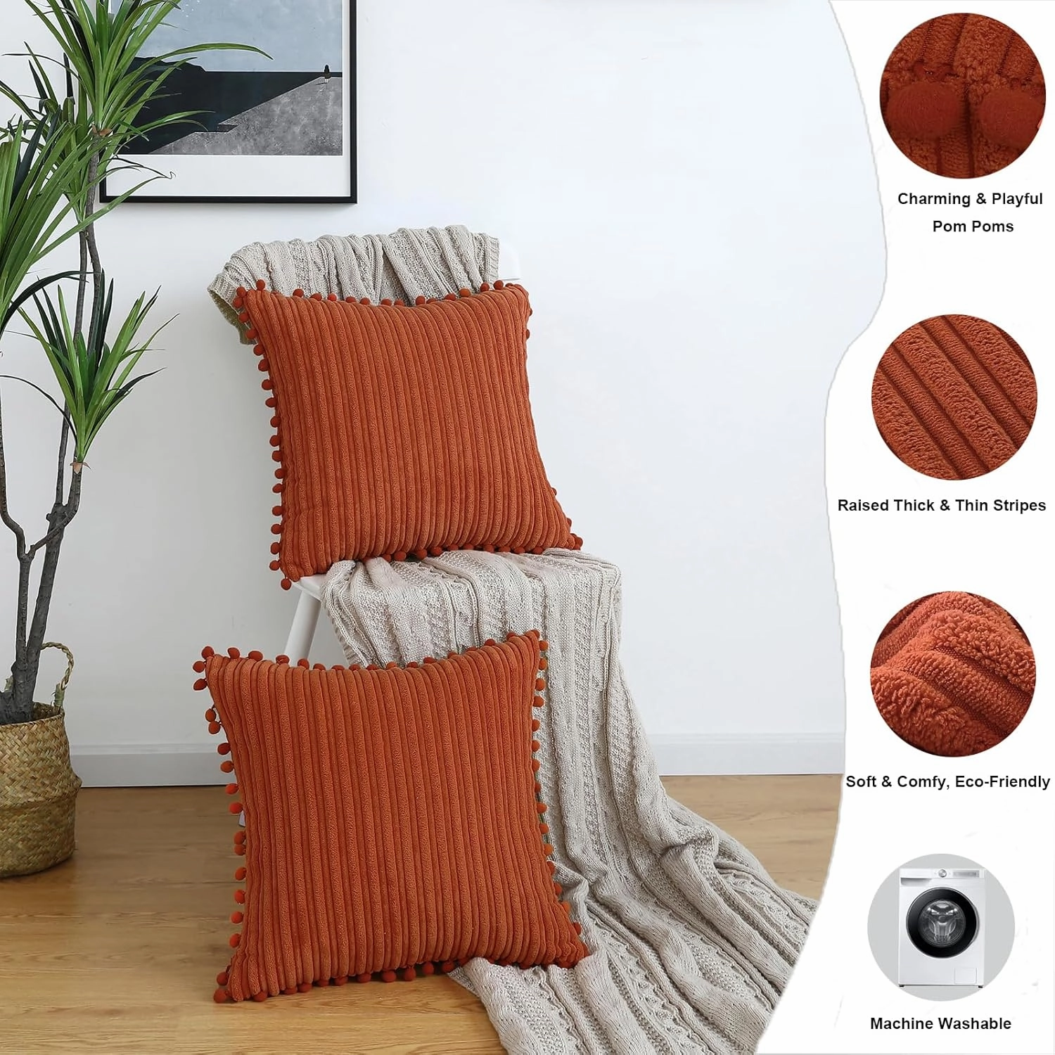 Burnt Orange Pillow Covers 20x20 inch with Pom-poms Set of 2 Corduroy Farmhouse Boho Accent Decorative Throw Pillow Covers for Couch Bed Sofa