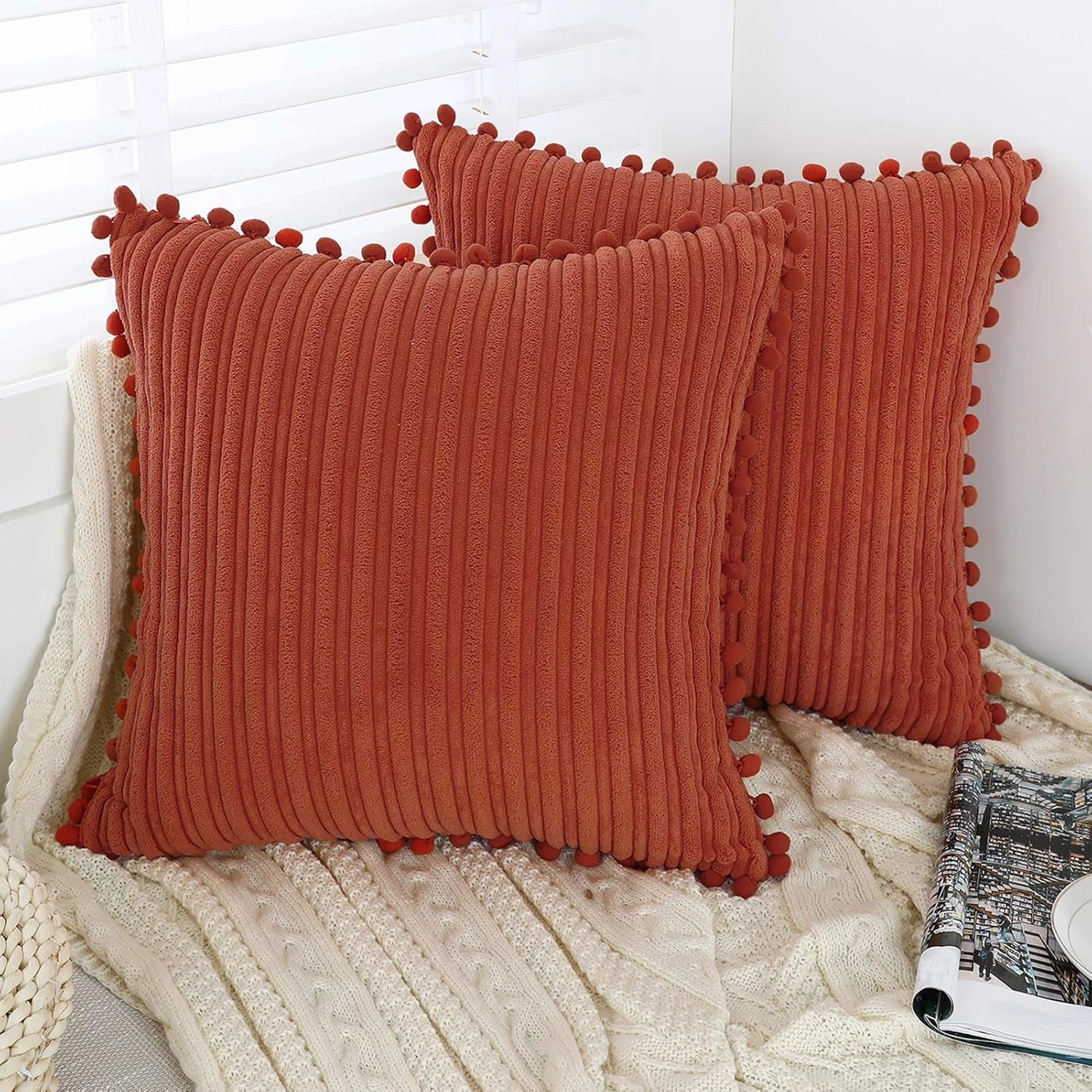 Burnt Orange Pillow Covers 20x20 inch with Pom-poms Set of 2 Corduroy Farmhouse Boho Accent Decorative Throw Pillow Covers for Couch Bed Sofa