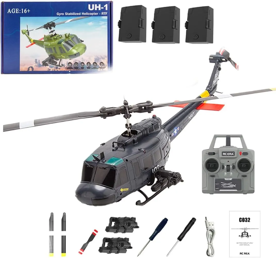 C032 UH-1 Huey RC Helicopter for Adults - 1/48 Scale 2.4G 6CH Flybarless Remote Control Helicopter, 3D Stunt Flight & High-Precision RC Airplane for Beginners