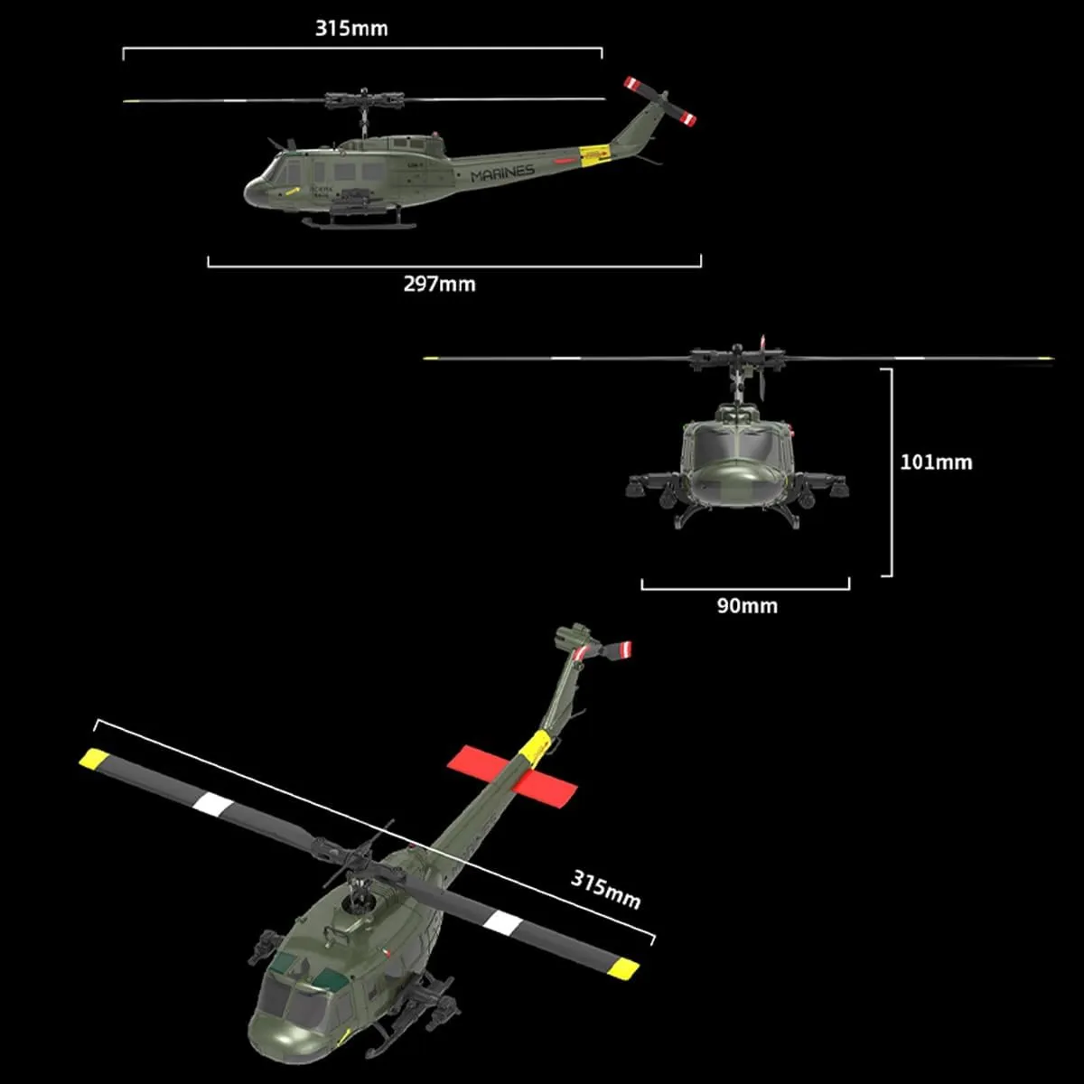 C032 UH-1 Huey RC Helicopter for Adults - 1/48 Scale 2.4G 6CH Flybarless Remote Control Helicopter, 3D Stunt Flight & High-Precision RC Airplane for Beginners