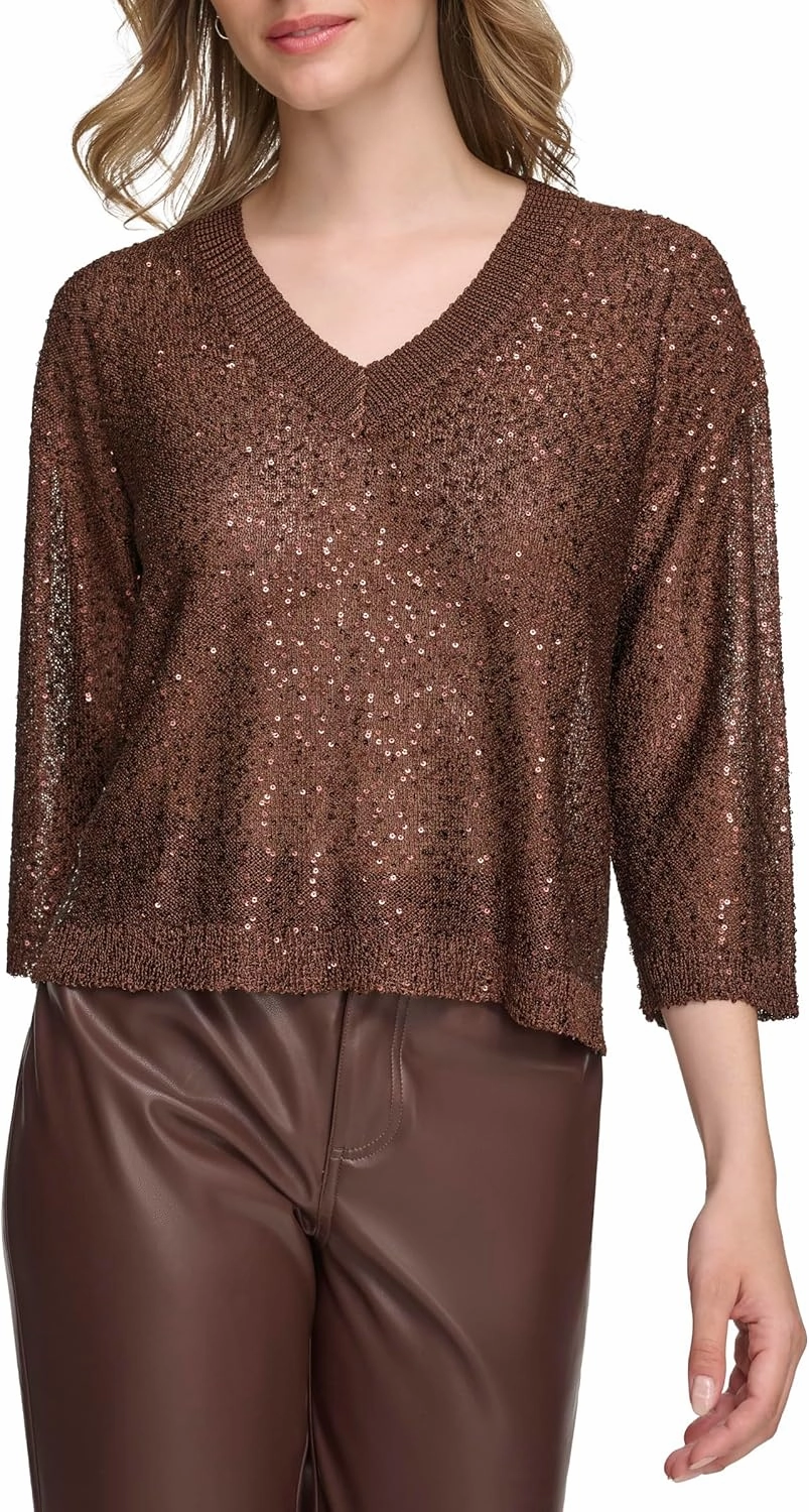 Calvin Klein Women's Pull on Sequin V Neck Sweater