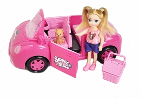 Candy Pink Convertible Toy Car Road Trip Picnic Role Play Toy 4 Seater Car with Cute Doll and Pet for Kids, Girls, Toddlers