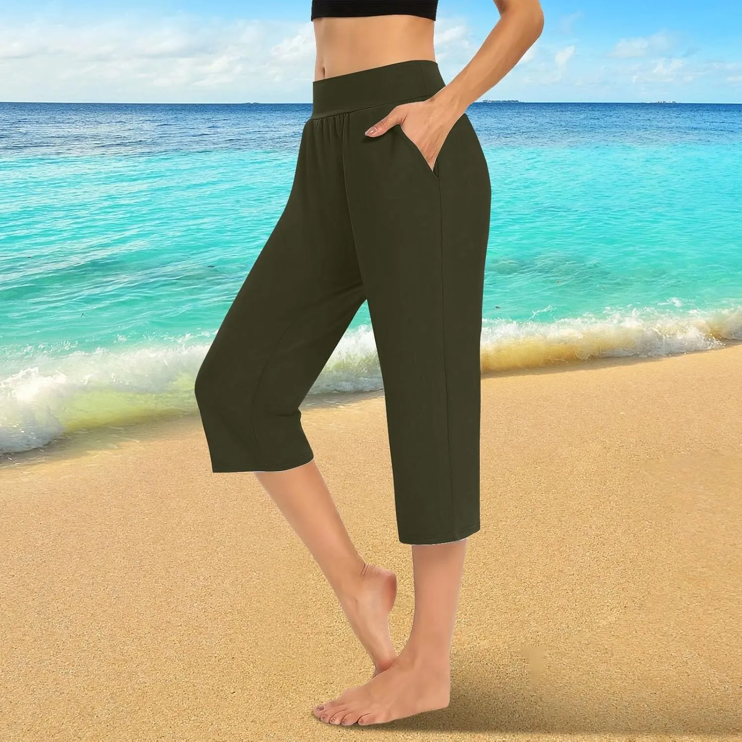 Capri Pants for Women Cotton Elastic High Waisted Stretch Lightweight Tummy Control Leggings Yoga Workout Gym Outfits