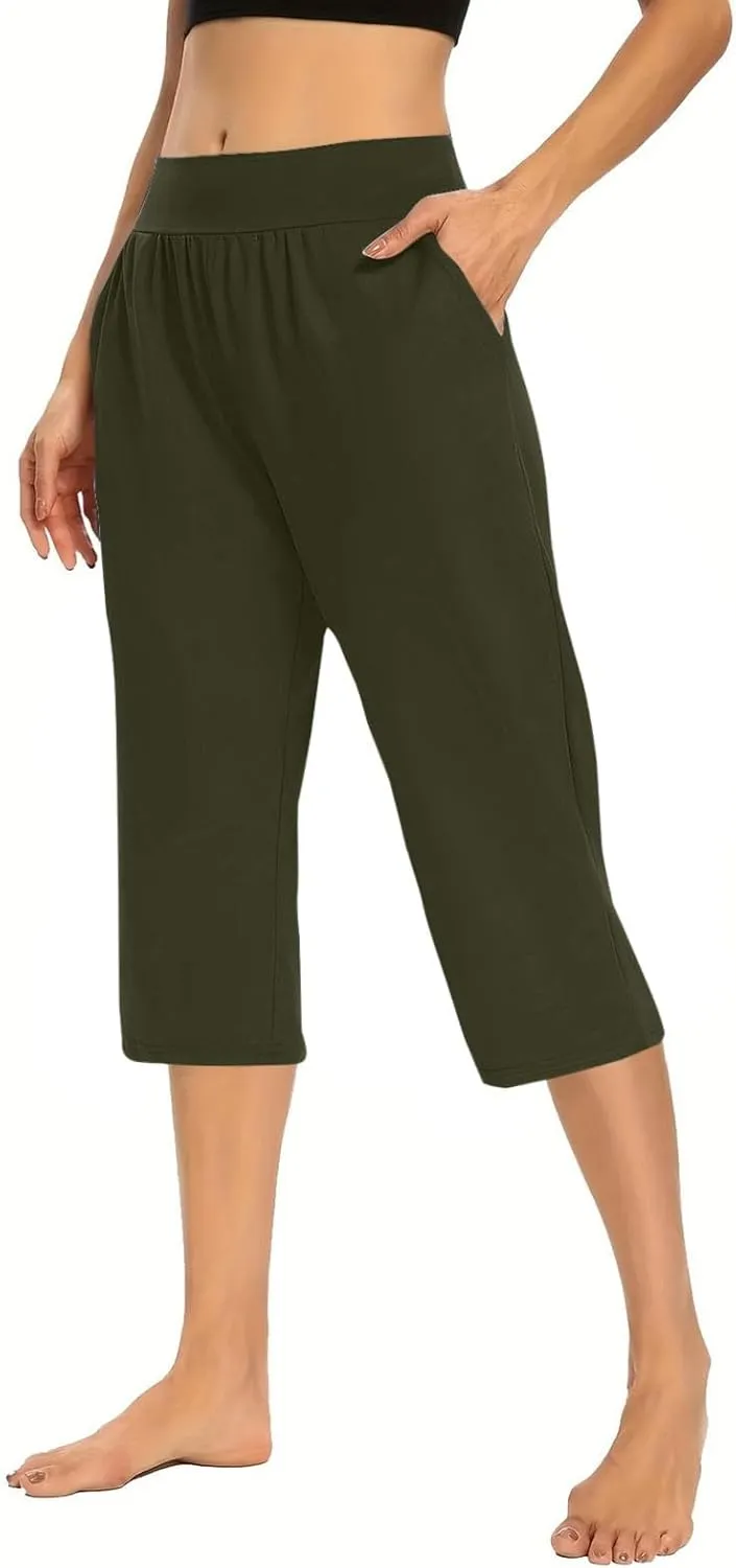 Capri Pants for Women Cotton Elastic High Waisted Stretch Lightweight Tummy Control Leggings Yoga Workout Gym Outfits