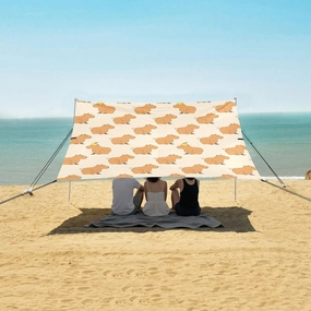 Capybara Cute Orange Beach Canopy Tent Anti-UV & Wind Resistant, Beige Camping Sun Shelter Easy Setup Portable,Outdoor Shade Tents with Sandbags,Sand Shovels,Ground Pegs & Stability Poles