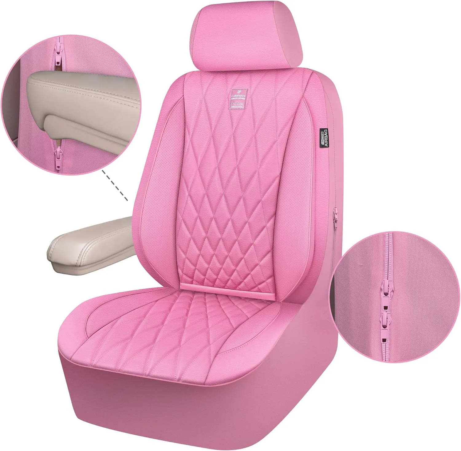 CAR PASS Piping Luxury Leather Two Front Car Seat Covers, Cute Girly Waterproof Anti Slip Seat Covers Compatible with Front Seat Armrests,Universal Fit for Suvs,Vans,Trucks,Airbag Compatible(All Pink)
