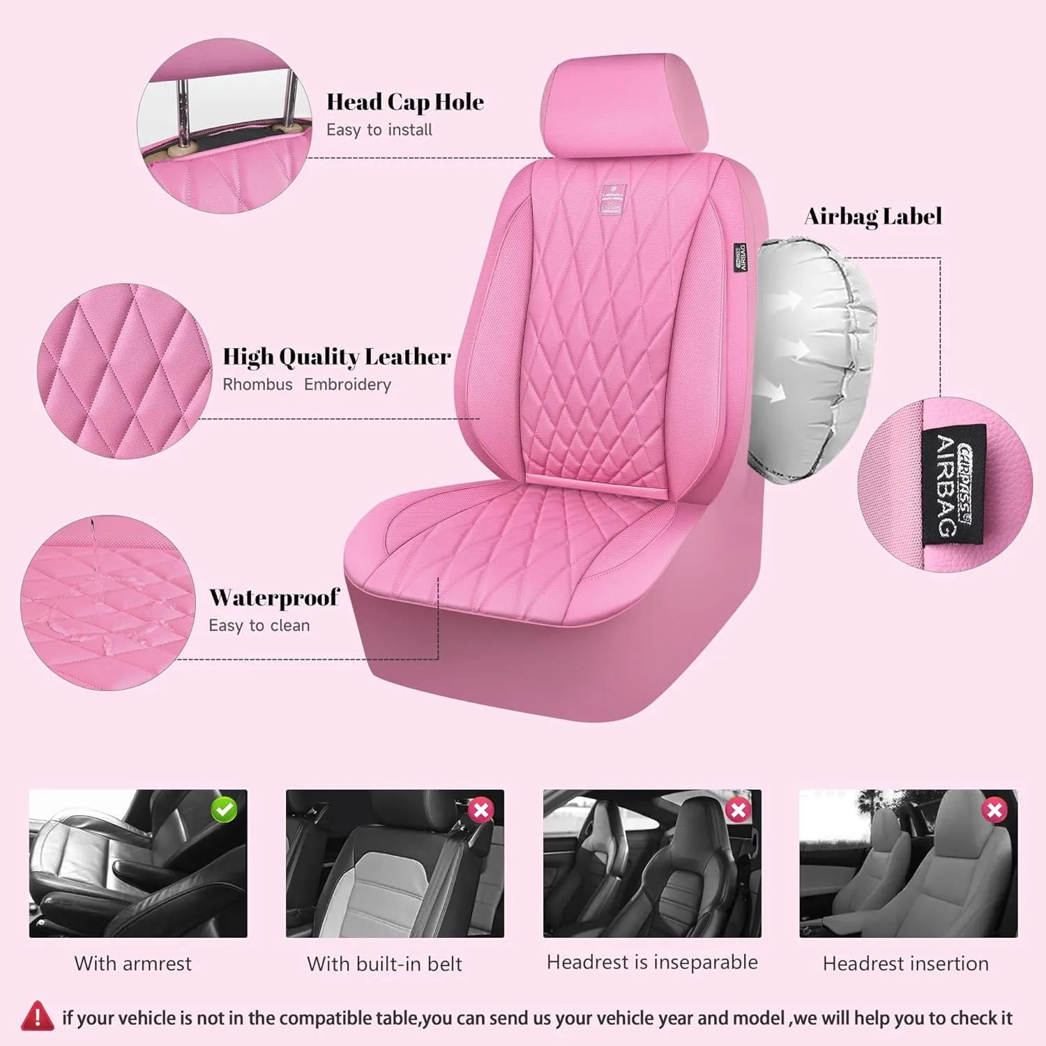 CAR PASS Piping Luxury Leather Two Front Car Seat Covers, Cute Girly Waterproof Anti Slip Seat Covers Compatible with Front Seat Armrests,Universal Fit for Suvs,Vans,Trucks,Airbag Compatible(All Pink)
