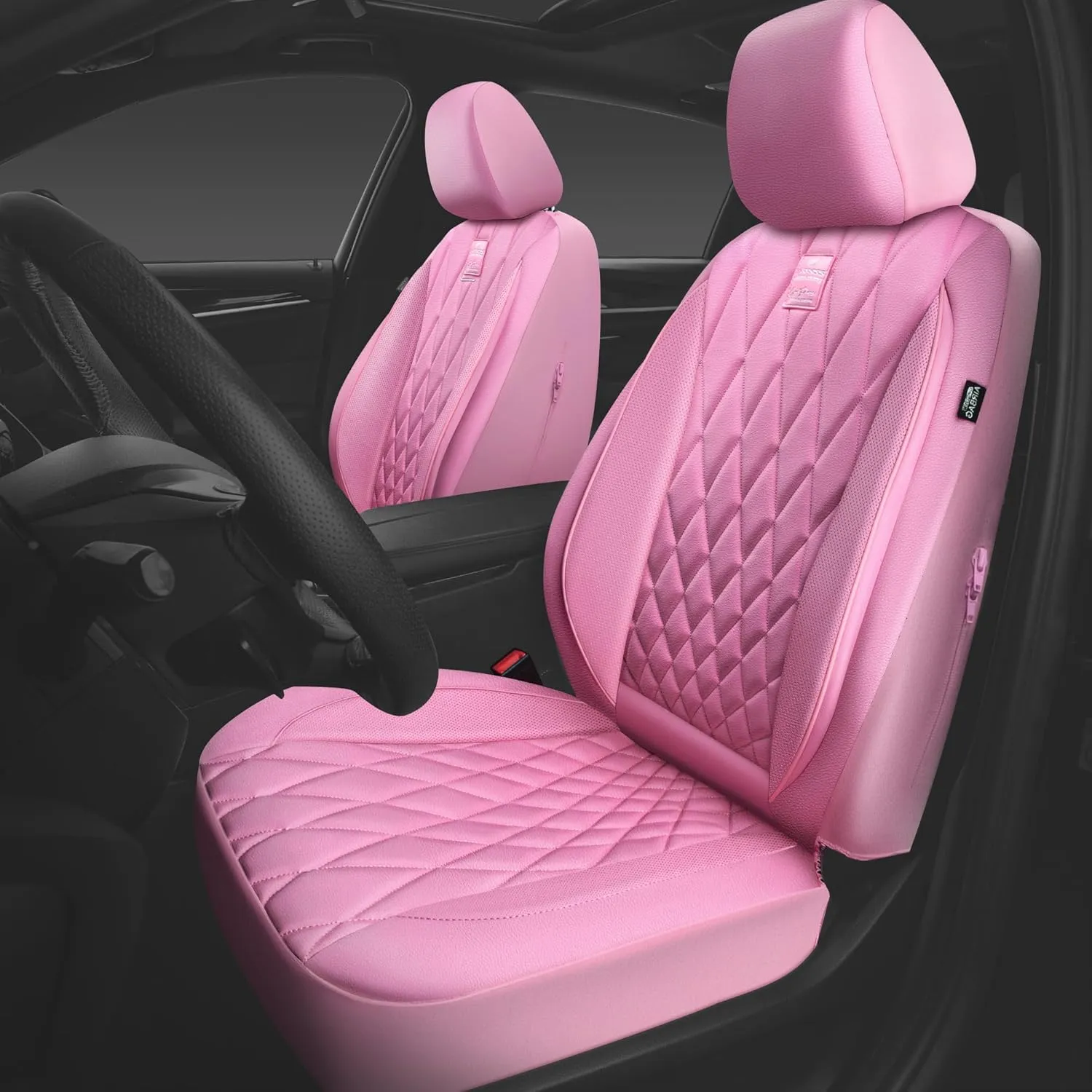 CAR PASS Piping Luxury Leather Two Front Car Seat Covers, Cute Girly Waterproof Anti Slip Seat Covers Compatible with Front Seat Armrests,Universal Fit for Suvs,Vans,Trucks,Airbag Compatible(All Pink)