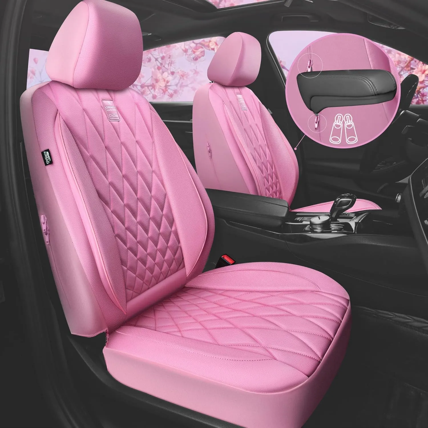 CAR PASS Piping Luxury Leather Two Front Car Seat Covers, Cute Girly Waterproof Anti Slip Seat Covers Compatible with Front Seat Armrests,Universal Fit for Suvs,Vans,Trucks,Airbag Compatible(All Pink)