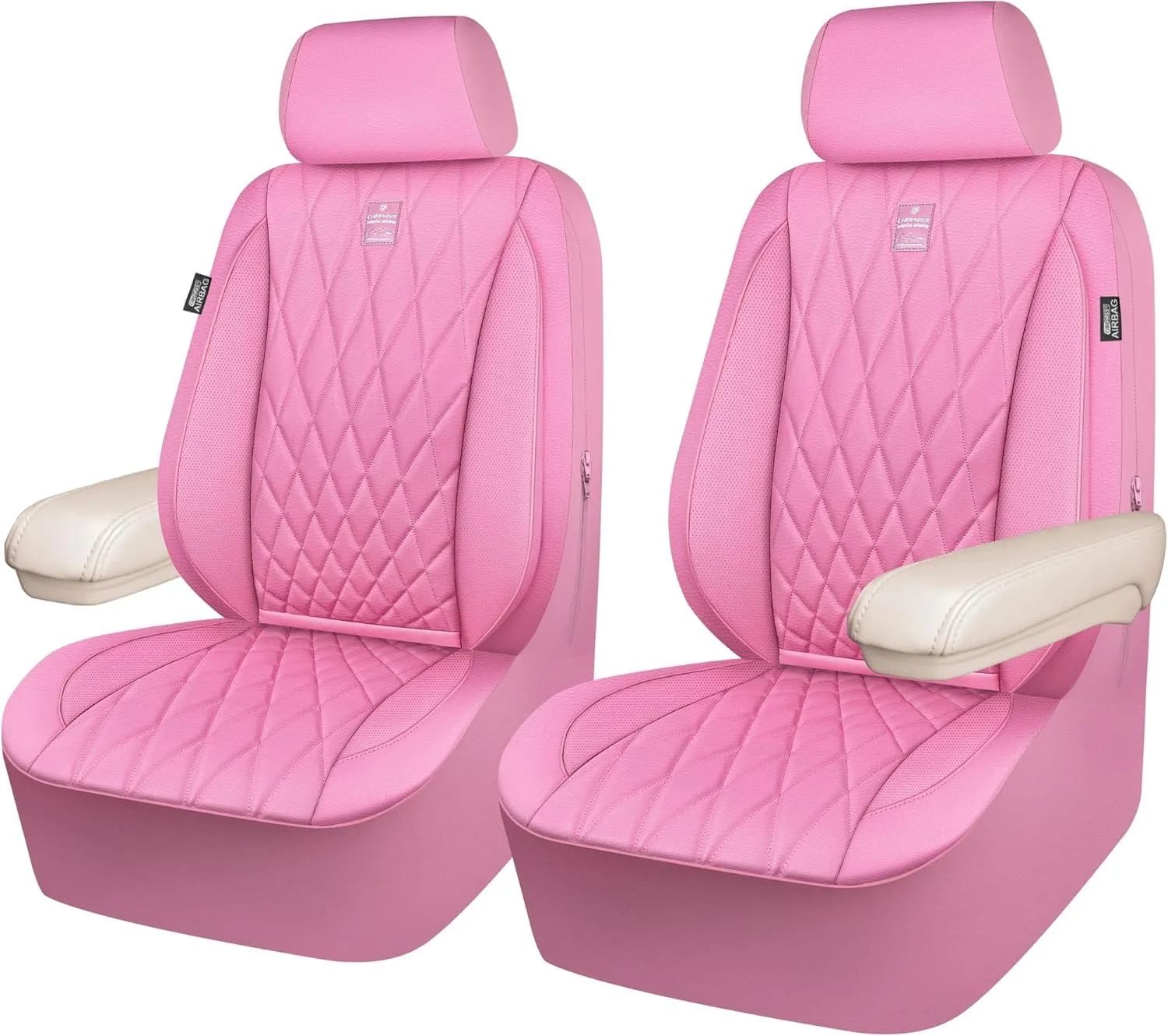 CAR PASS Piping Luxury Leather Two Front Car Seat Covers, Cute Girly Waterproof Anti Slip Seat Covers Compatible with Front Seat Armrests,Universal Fit for Suvs,Vans,Trucks,Airbag Compatible(All Pink)