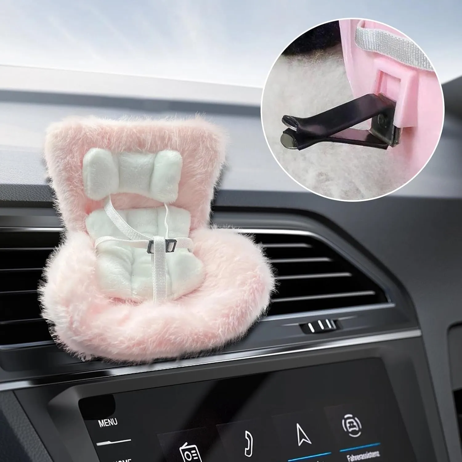 Car Plush Dolls Seat, Doll Car Seat for 17cm Dolls with Air Vent Clip and Desktop Stand, Cute and Functional Car Ornament for Blind Box Doll Fans, Collectors (Pink)