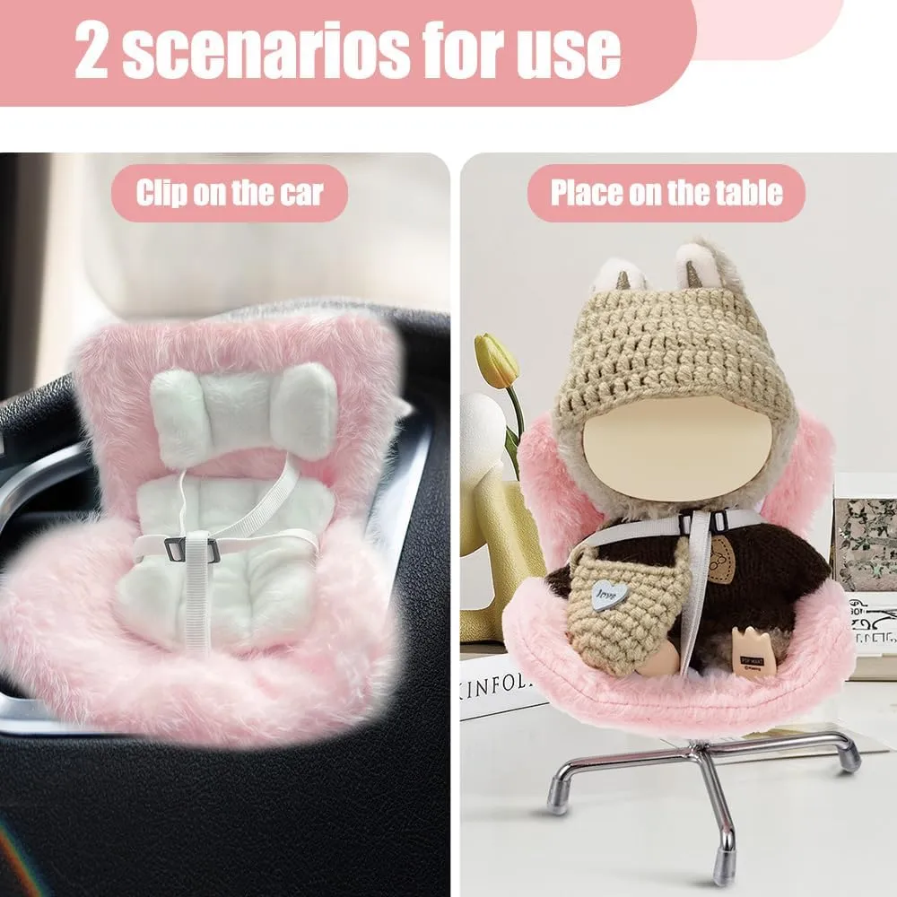 Car Seat for Dolls with Soft Furry Cushion for 10-17cm Dolls, Accessories Car Seat for Labubu, Air Vent Clip and Desktop Stand, Cute and Functional Car Ornament for Doll Fans and Collectors (Pink)