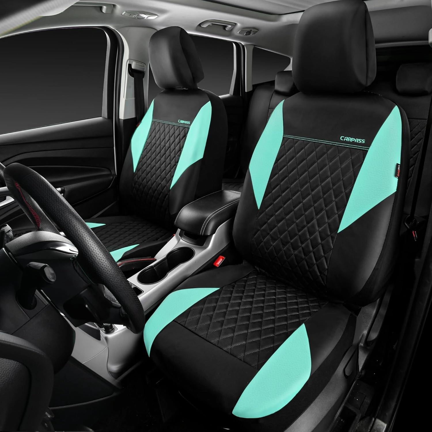 CAR PASS Mint Leather Seat Covers Full Set-Universal Quilting Cute Girly Car Seat Cover with 5mm Composite Sponge Inside,Airbag Compatible,2zipper Bench for Most Sedan,SUV,Truck(Full Set,Mint)