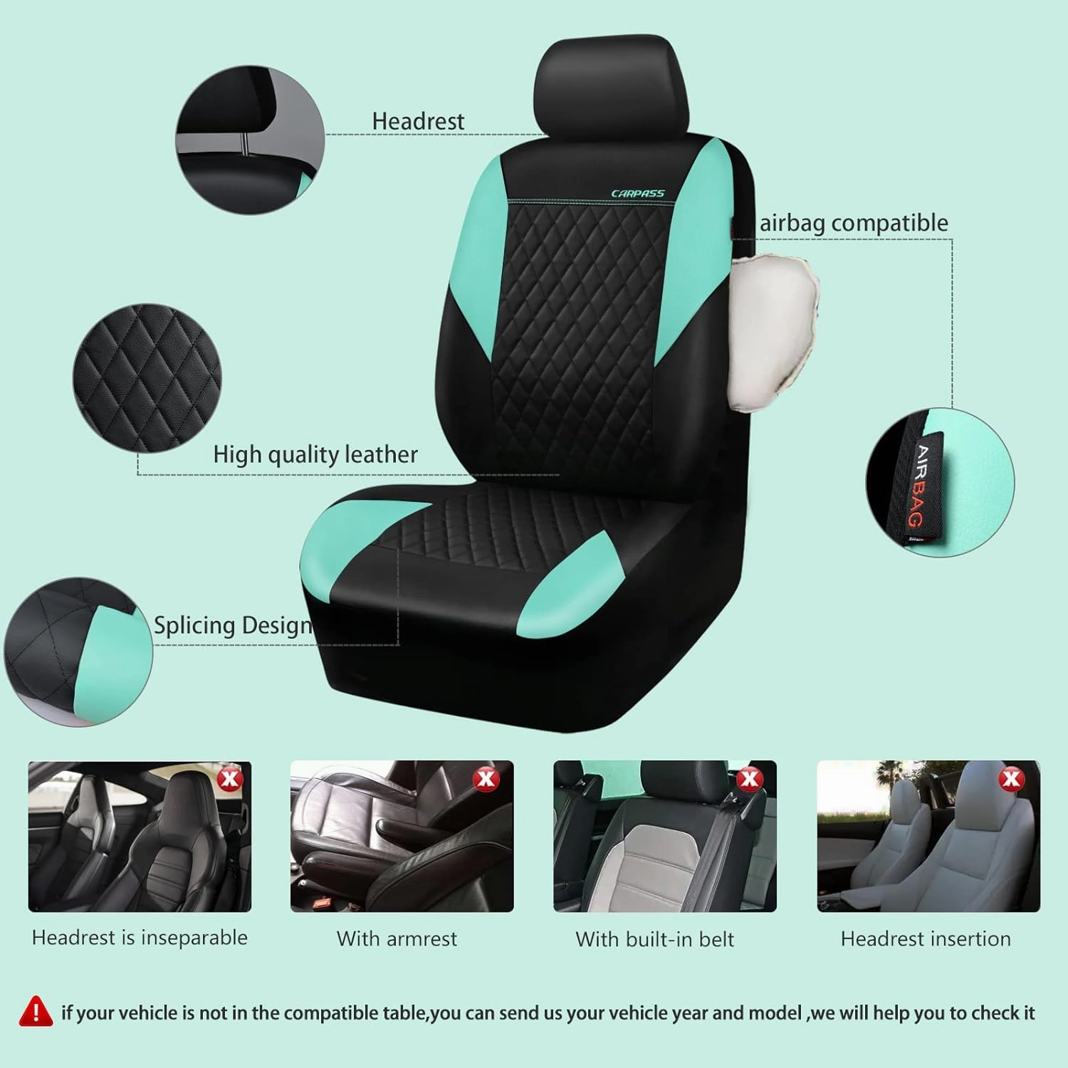 CAR PASS Mint Leather Seat Covers Full Set-Universal Quilting Cute Girly Car Seat Cover with 5mm Composite Sponge Inside,Airbag Compatible,2zipper Bench for Most Sedan,SUV,Truck(Full Set,Mint)