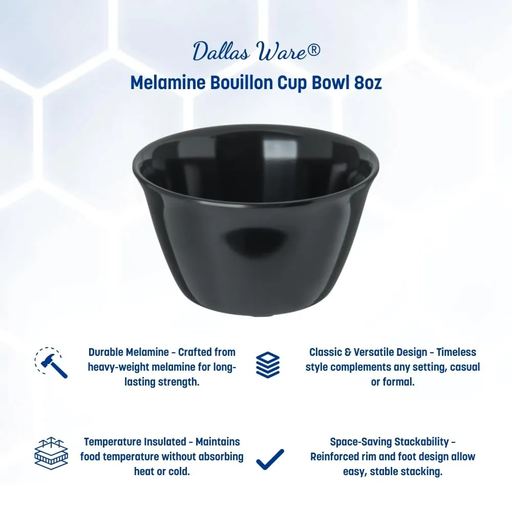 Carlisle FoodService Products Dallas Ware Reusable Plastic Bowl Bouillon Cup Bowl for Home and Restaurant, Melamine, 8 Ounces, Black, (Pack of 24)