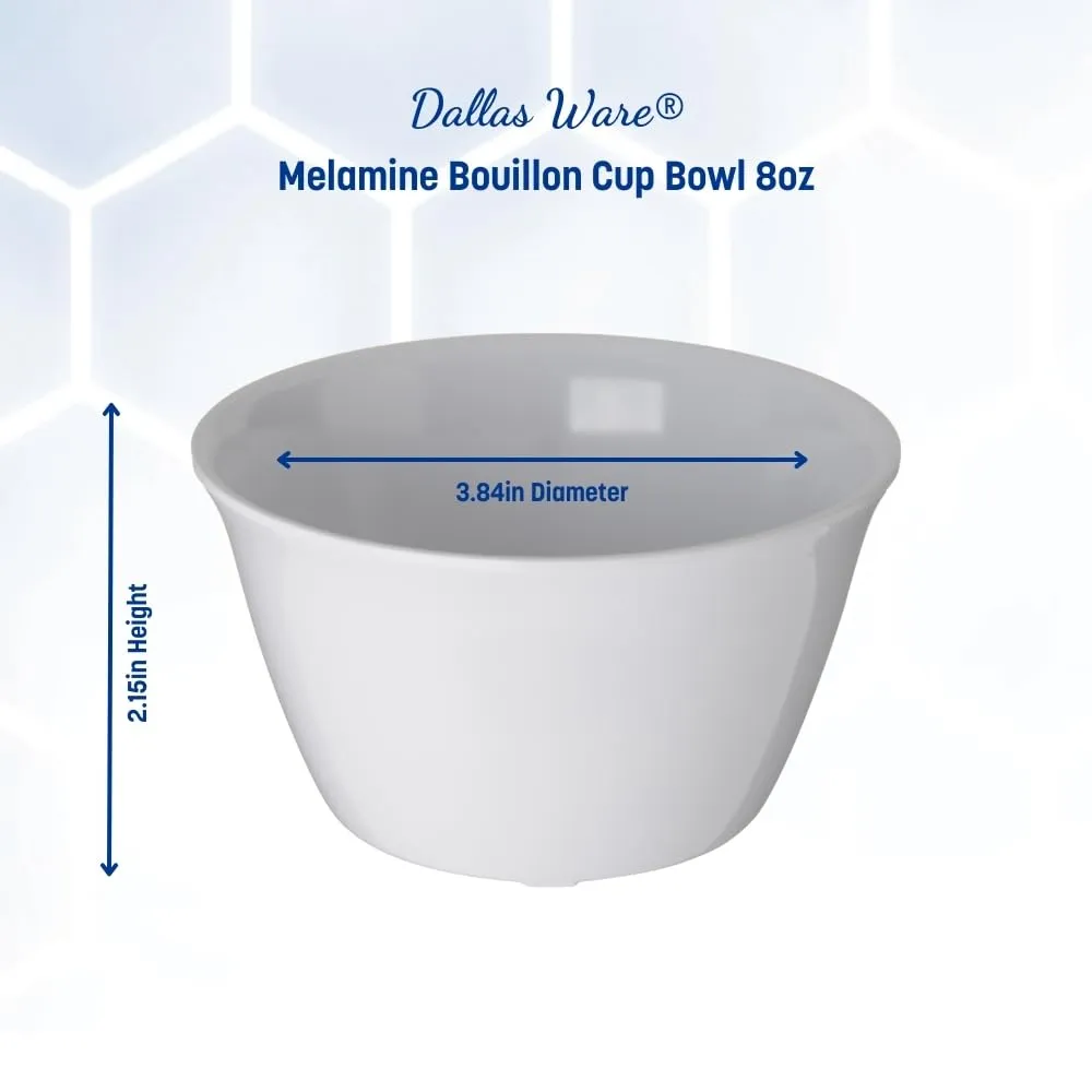 Carlisle FoodService Products Dallas Ware Reusable Plastic Bowl Bouillon Cup Bowl for Home and Restaurant, Melamine, 8 Ounces, White, (Pack of 24)