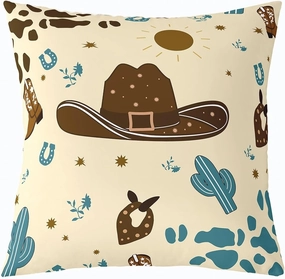Cartoon Cowboy Hat Pillow Cover Cute Blue Cactus Wild Plants Cushion Cover for Kids Teens Adults Retro Horseshoe Cowhide Print Graffiti Western Style Pillow Case for Bed 22x22 Inch