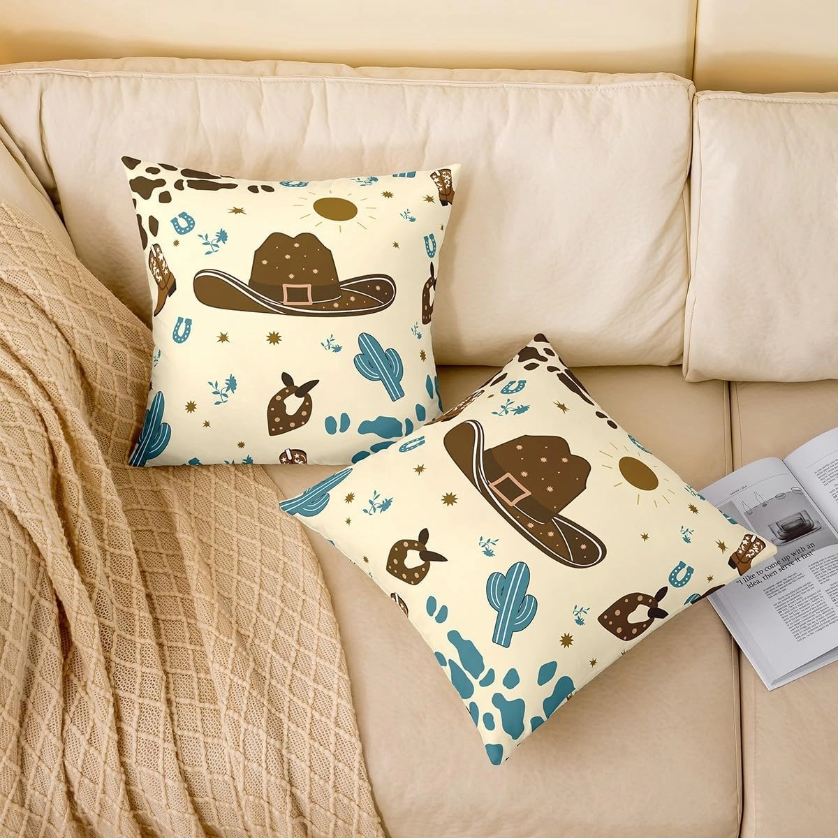 Cartoon Cowboy Hat Pillow Cover Cute Blue Cactus Wild Plants Cushion Cover for Kids Teens Adults Retro Horseshoe Cowhide Print Graffiti Western Style Pillow Case for Bed 22x22 Inch
