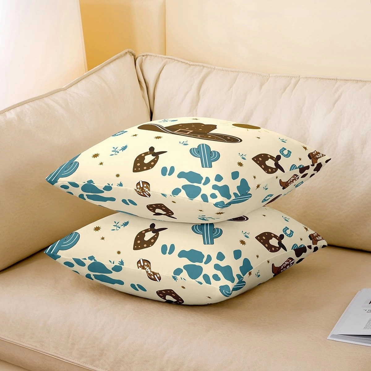 Cartoon Cowboy Hat Pillow Cover Cute Blue Cactus Wild Plants Cushion Cover for Kids Teens Adults Retro Horseshoe Cowhide Print Graffiti Western Style Pillow Case for Bed 22x22 Inch