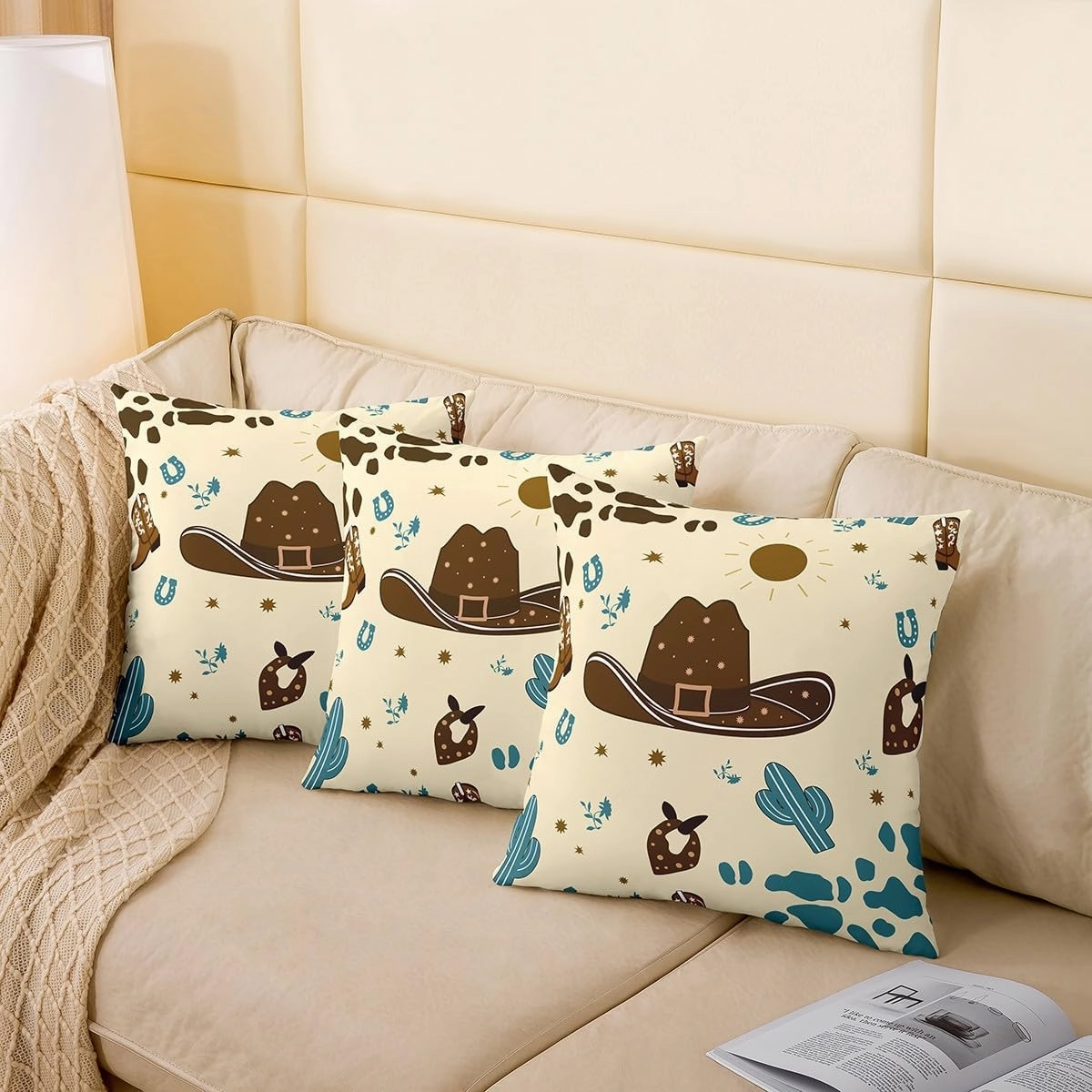 Cartoon Cowboy Hat Pillow Cover Cute Blue Cactus Wild Plants Cushion Cover for Kids Teens Adults Retro Horseshoe Cowhide Print Graffiti Western Style Pillow Case for Bed 22x22 Inch