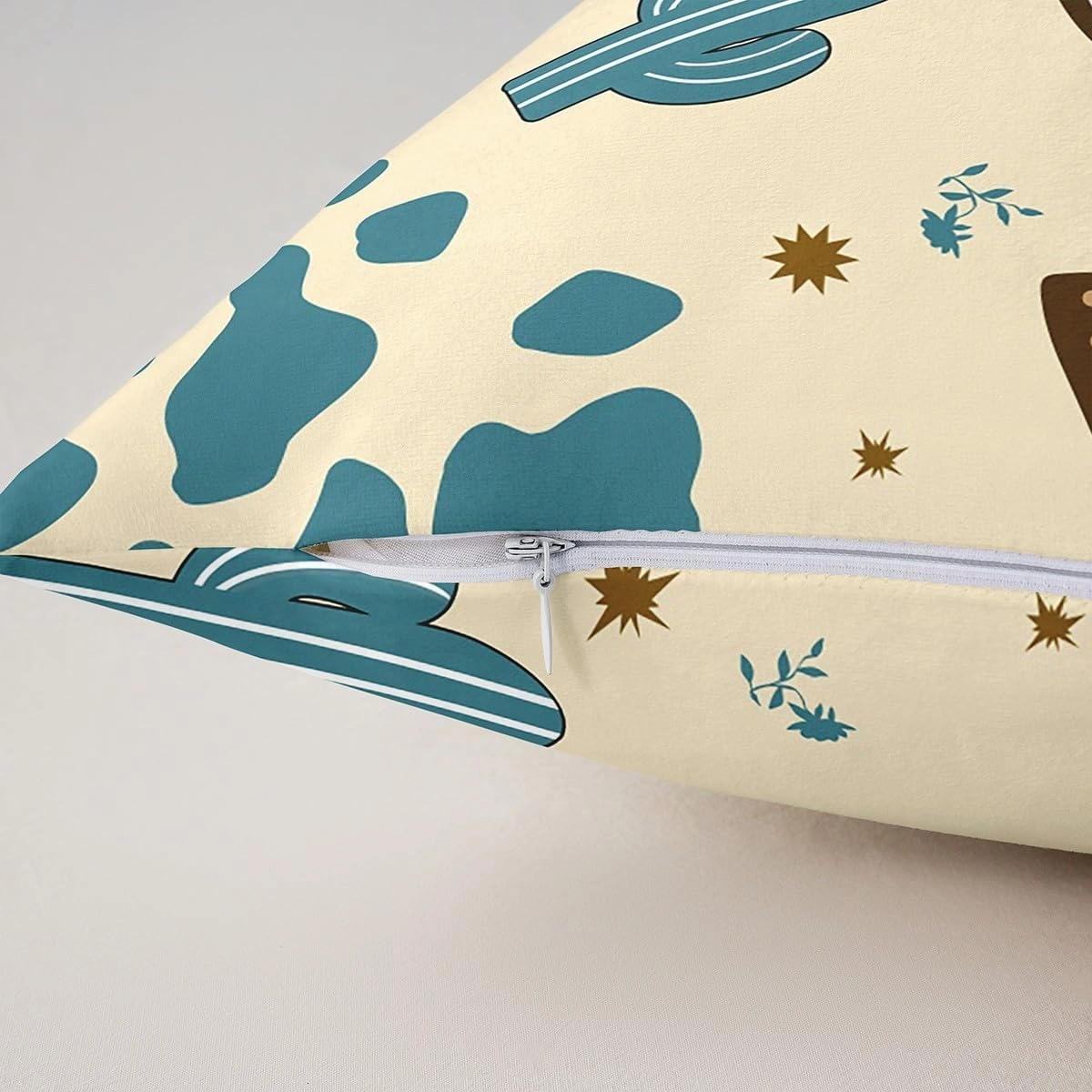 Cartoon Cowboy Hat Pillow Cover Cute Blue Cactus Wild Plants Cushion Cover for Kids Teens Adults Retro Horseshoe Cowhide Print Graffiti Western Style Pillow Case for Bed 22x22 Inch