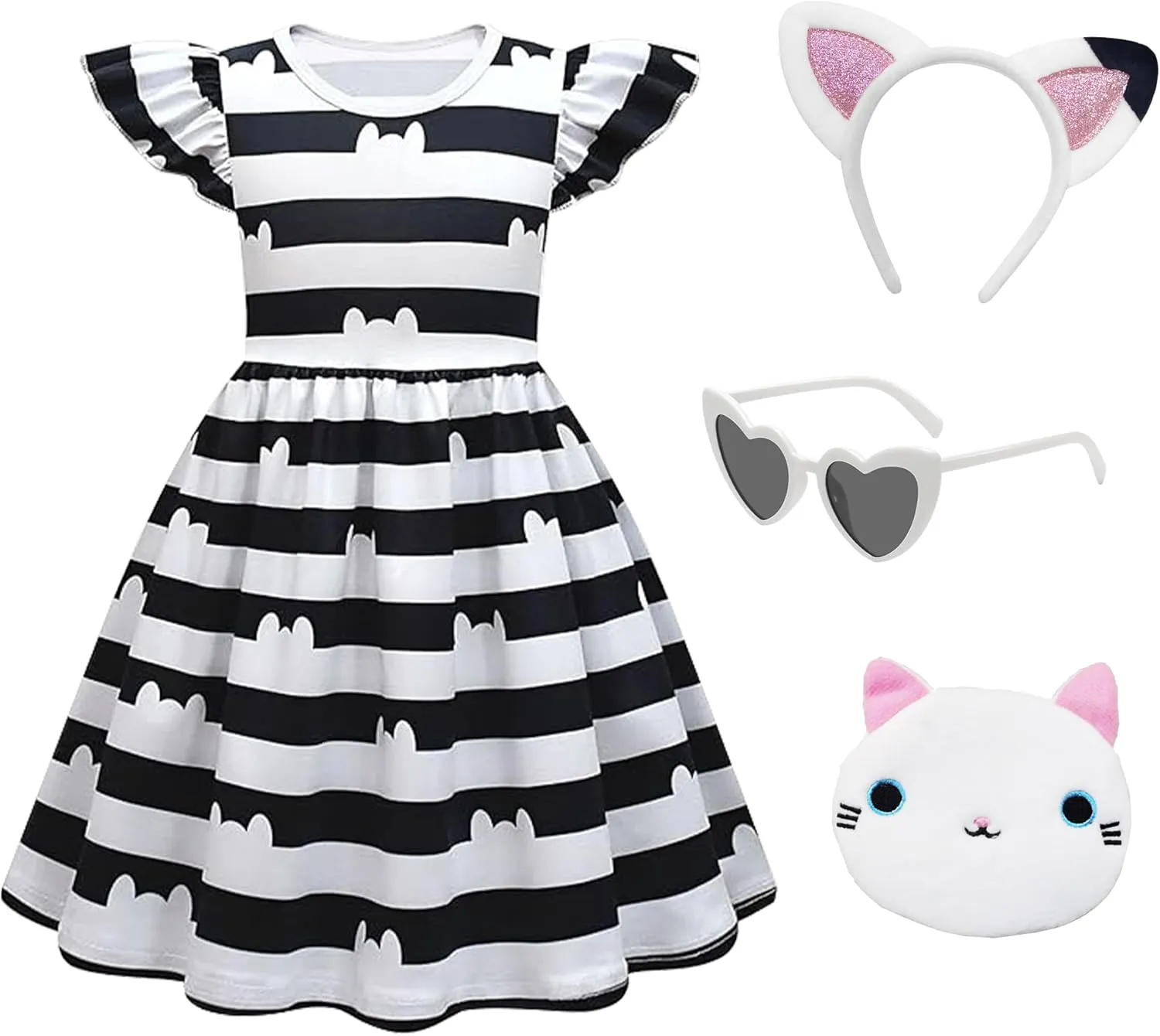 Cat Dollhouse Costume Ruffle Sleeve Casual Dresses With Headband Wallet And Glasses Halloween Birthday Party Outfits