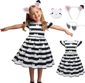 Cat Dollhouse Costume Ruffle Sleeve Casual Dresses With Headband Wallet And Glasses Halloween Birthday Party Outfits
