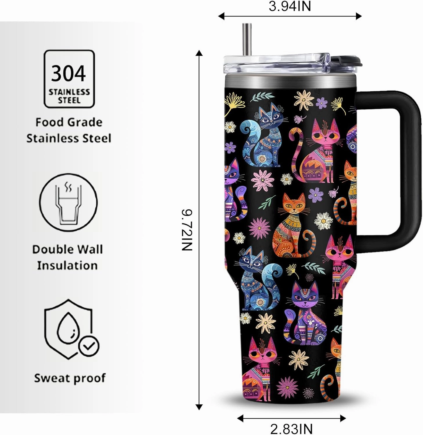 Cat Gifts for Women Cats Tumbler with Handle 40Oz Christmas Birthday Flowers & Elegance Cats Gift for Cat Lover Owner