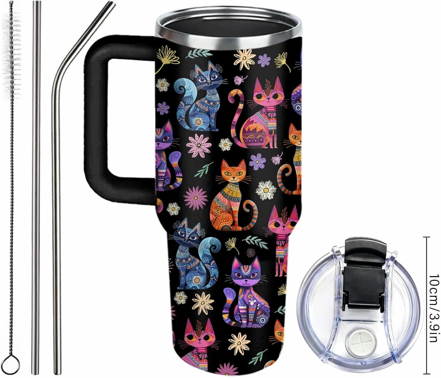 Cat Gifts for Women Cats Tumbler with Handle 40Oz Christmas Birthday Flowers & Elegance Cats Gift for Cat Lover Owner