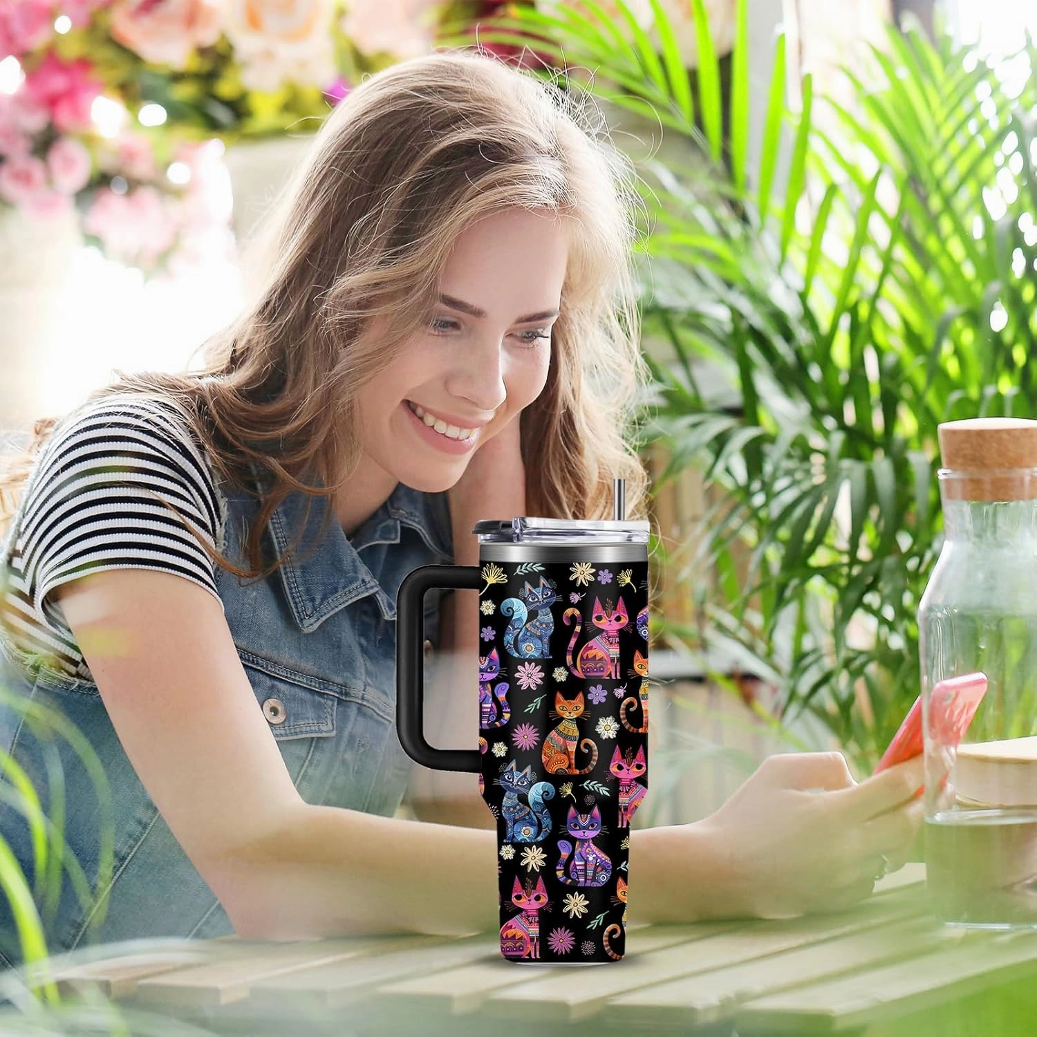 Cat Gifts for Women Cats Tumbler with Handle 40Oz Christmas Birthday Flowers & Elegance Cats Gift for Cat Lover Owner
