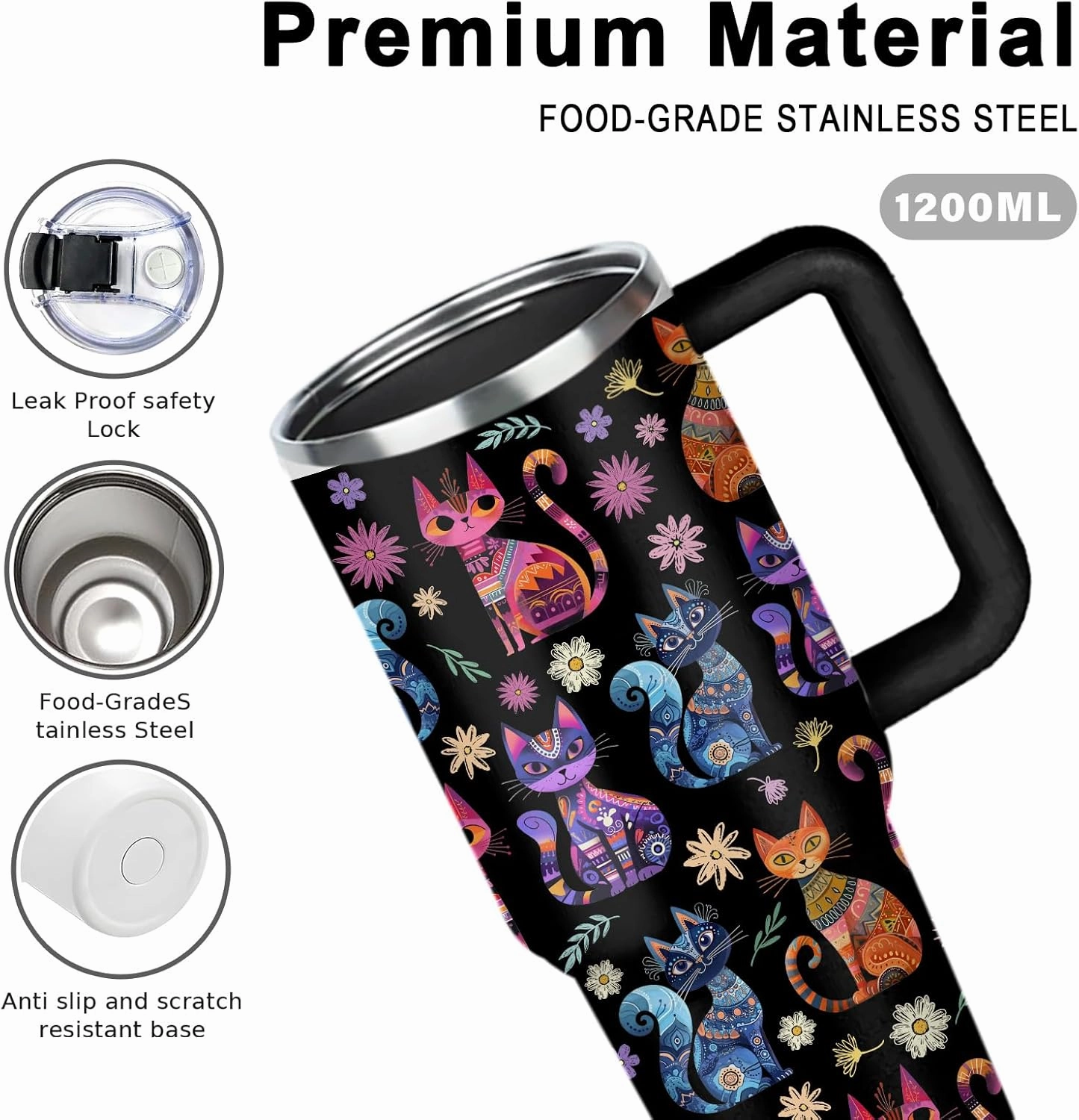 Cat Gifts for Women Cats Tumbler with Handle 40Oz Christmas Birthday Flowers & Elegance Cats Gift for Cat Lover Owner