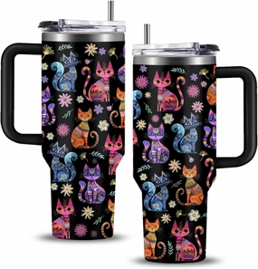 Cat Gifts for Women Cats Tumbler with Handle 40Oz Christmas Birthday Flowers & Elegance Cats Gift for Cat Lover Owner