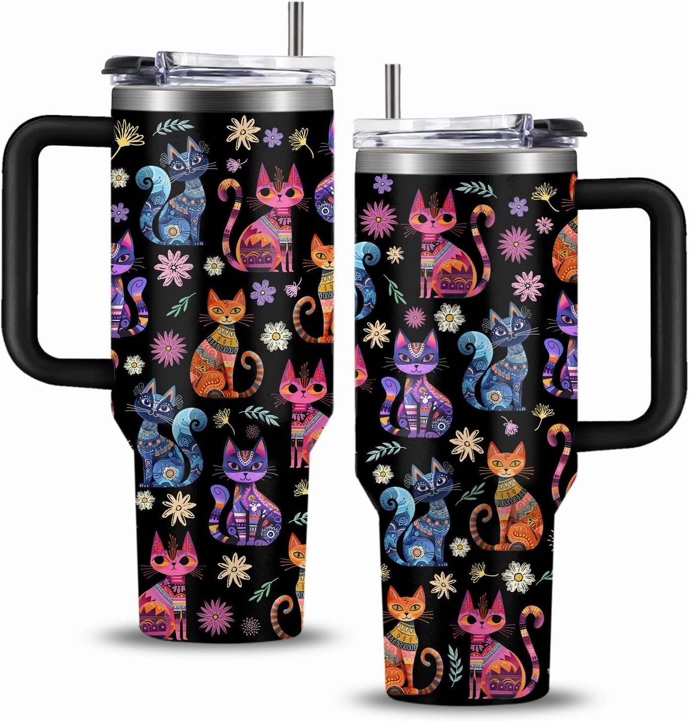 Cat Gifts for Women Cats Tumbler with Handle 40Oz Christmas Birthday Flowers & Elegance Cats Gift for Cat Lover Owner