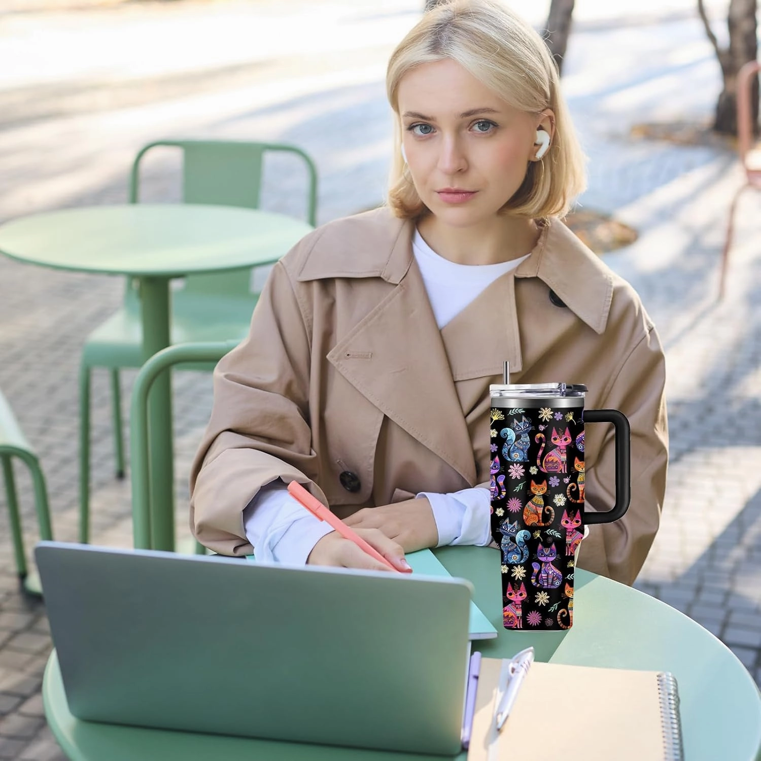 Cat Gifts for Women Cats Tumbler with Handle 40Oz Christmas Birthday Flowers & Elegance Cats Gift for Cat Lover Owner